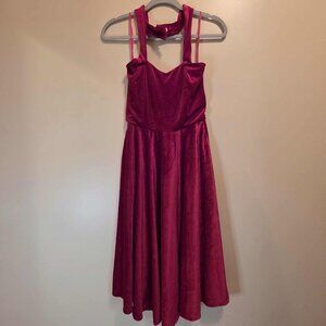 Unique Vintage Red Velour Halter Dress with Pockets M (6-8)